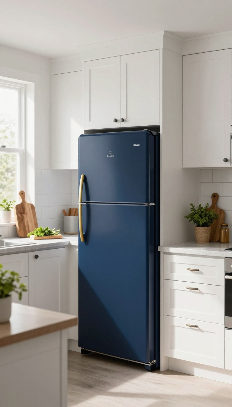Navy blue refrigerator in a bright white kitchen with brass handles and subway tile backsplash