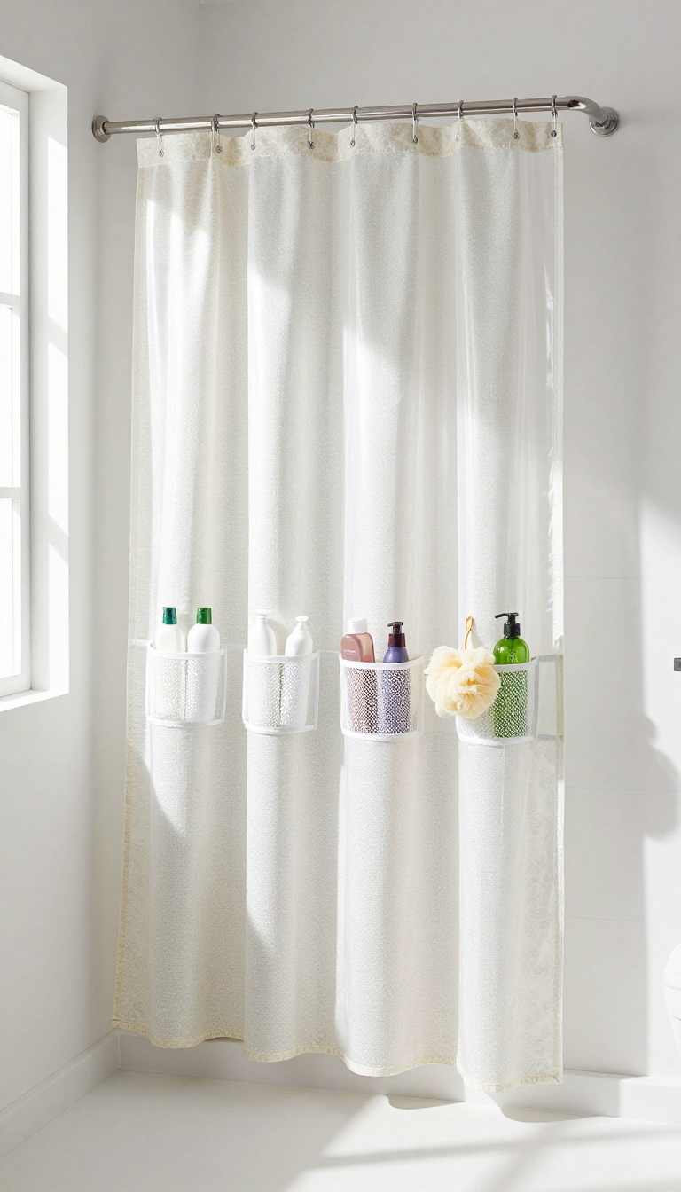 Small bathroom with double rod shower curtain setup, front decorative curtain and clear liner with storage pockets, bright natural light, minimalist clutter-free design.