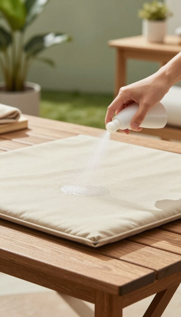 Applying fabric sealant to an outdoor cushion in bright sunlight