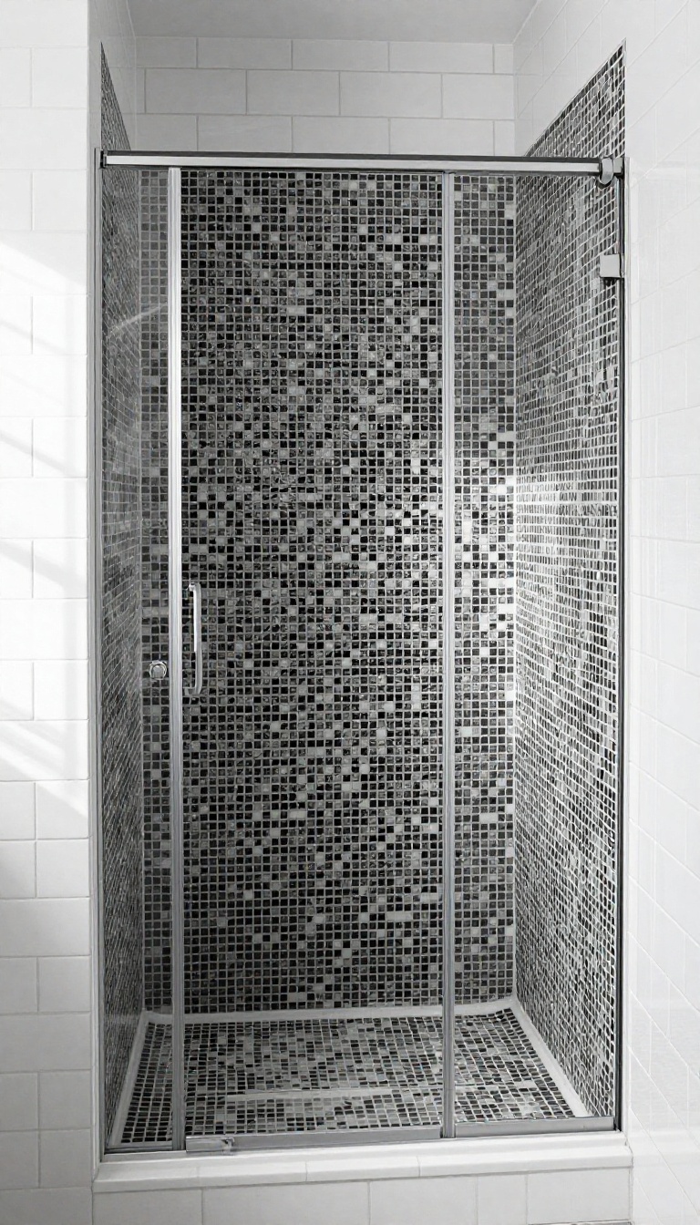 Black and white basket weave mosaic tile pattern on a shower floor in a bright bathroom