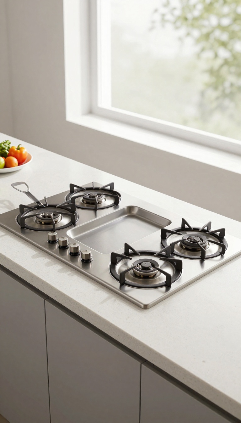 Modular cooktop with interchangeable burner, griddle, and teppanyaki grill modules in a bright modern kitchen
