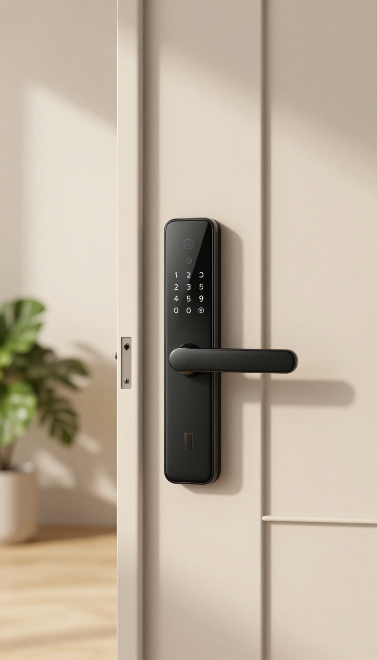 Modern guest house door with a keyless smart lock and keypad, bathed in natural light, highlighting secure and convenient entry.