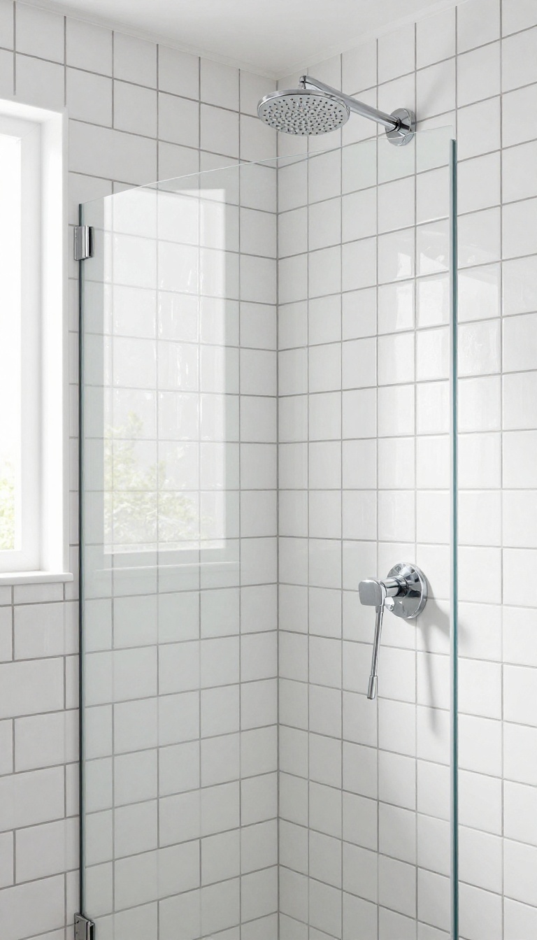 Modern shower with glossy white subway tile and dark grout, creating a crisp graphic pattern in a bright bathroom.