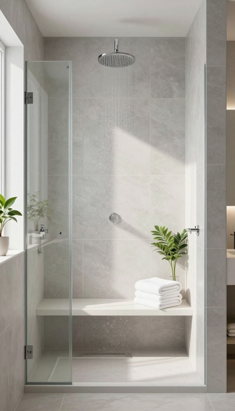 Modern guest bathroom with a built-in tiled shower bench, rainfall showerhead, and natural light.