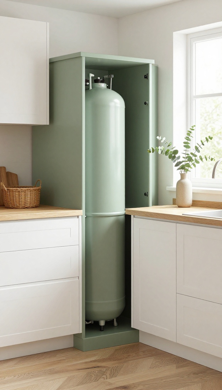 Custom corner storage nook for a gas cylinder in a bright, modern kitchen, with a hinged door slightly open and natural light enhancing the clean, organized look.