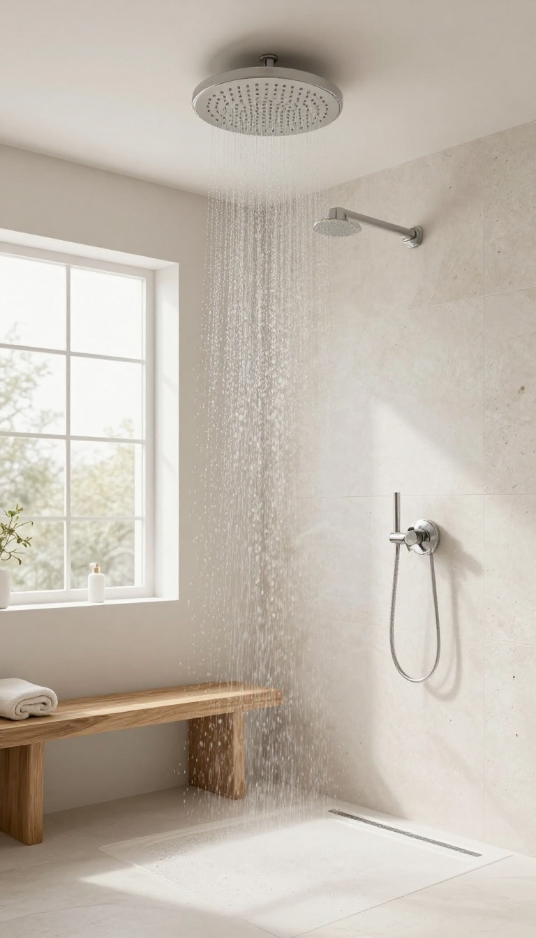 Spacious spa-inspired shower with a ceiling-mounted rainfall showerhead, natural stone walls, and a wooden bench, bathed in soft natural light.