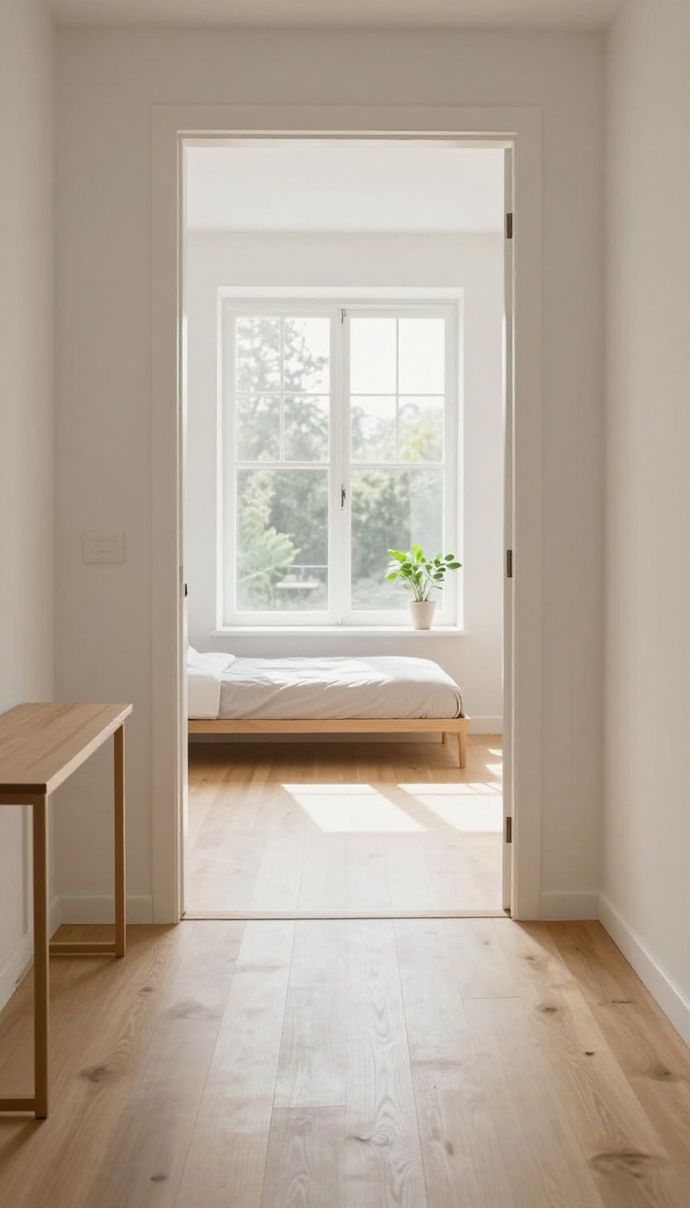 Small bedroom with open floor plan, bed with legs, clear walkway, natural light, minimal furniture, spacious feel.