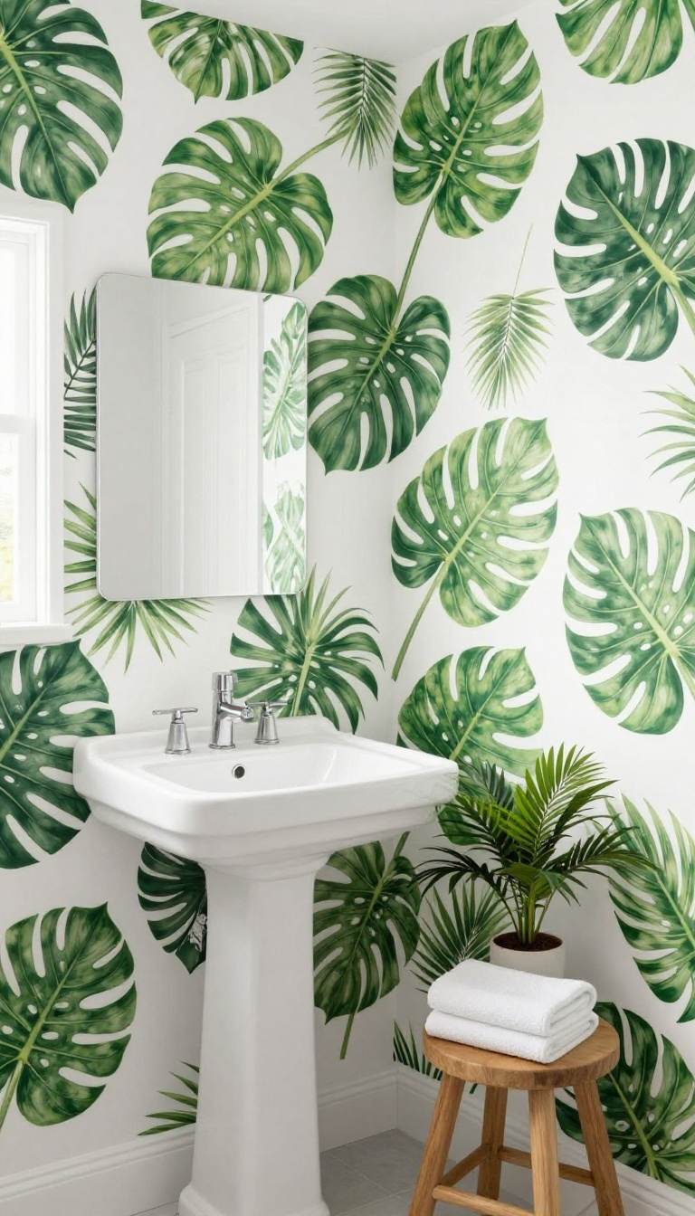 Guest bathroom with tropical monstera leaf wallpaper, white sink, and natural wood accents