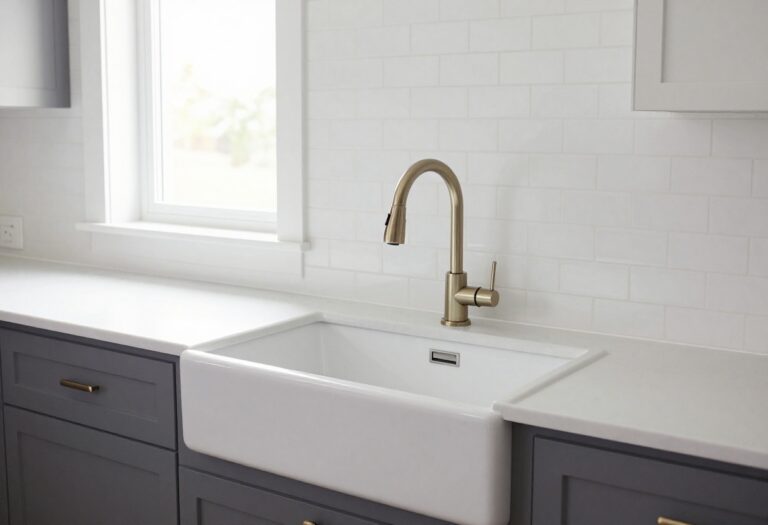 Modern kitchen with a farmhouse sink and white countertops