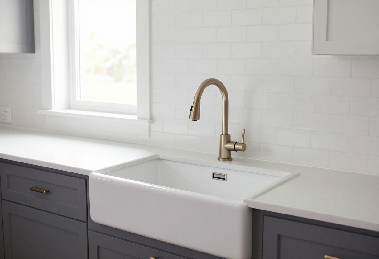 Modern kitchen with a farmhouse sink and white countertops