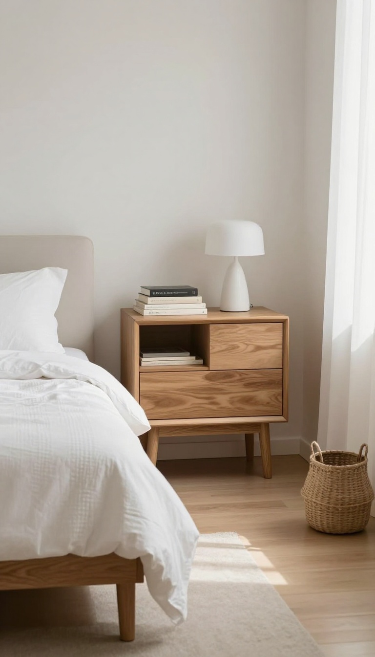 Wall-mounted nightstand in a small bedroom with clear floor space and natural light.
