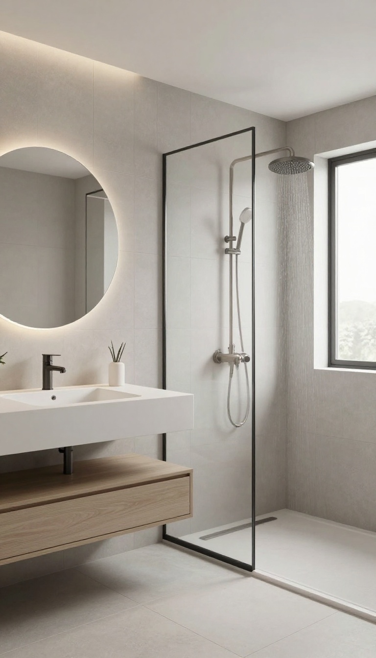 Modern bathroom with a walk-in shower using a fixed glass panel instead of a door, featuring a rainfall showerhead and minimalist design.
