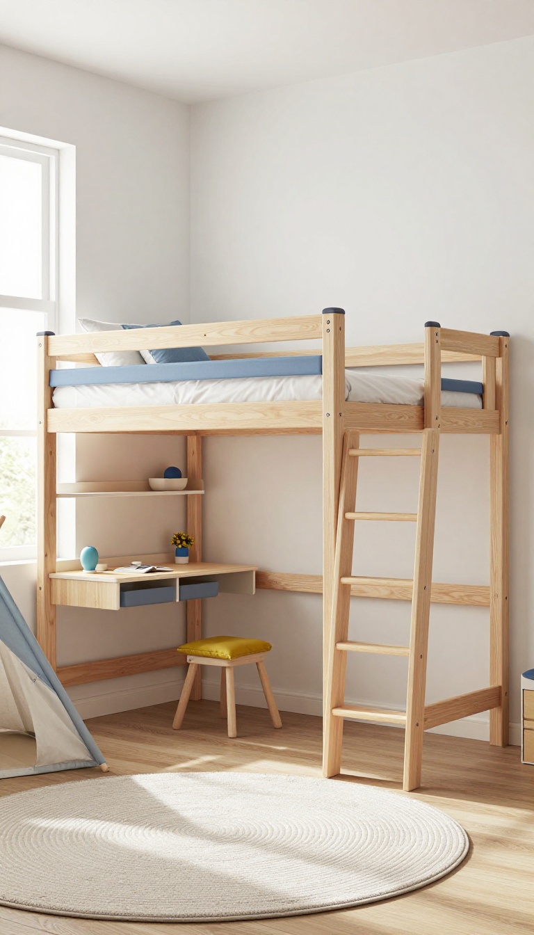 Loft bed with play area underneath in a small boys' bedroom