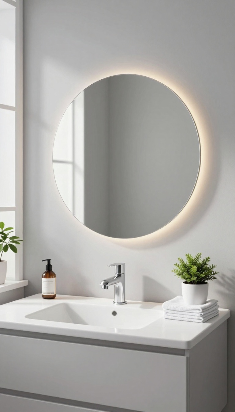 Modern guest bathroom with a backlit mirror above a white vanity, bright natural light, minimal decor
