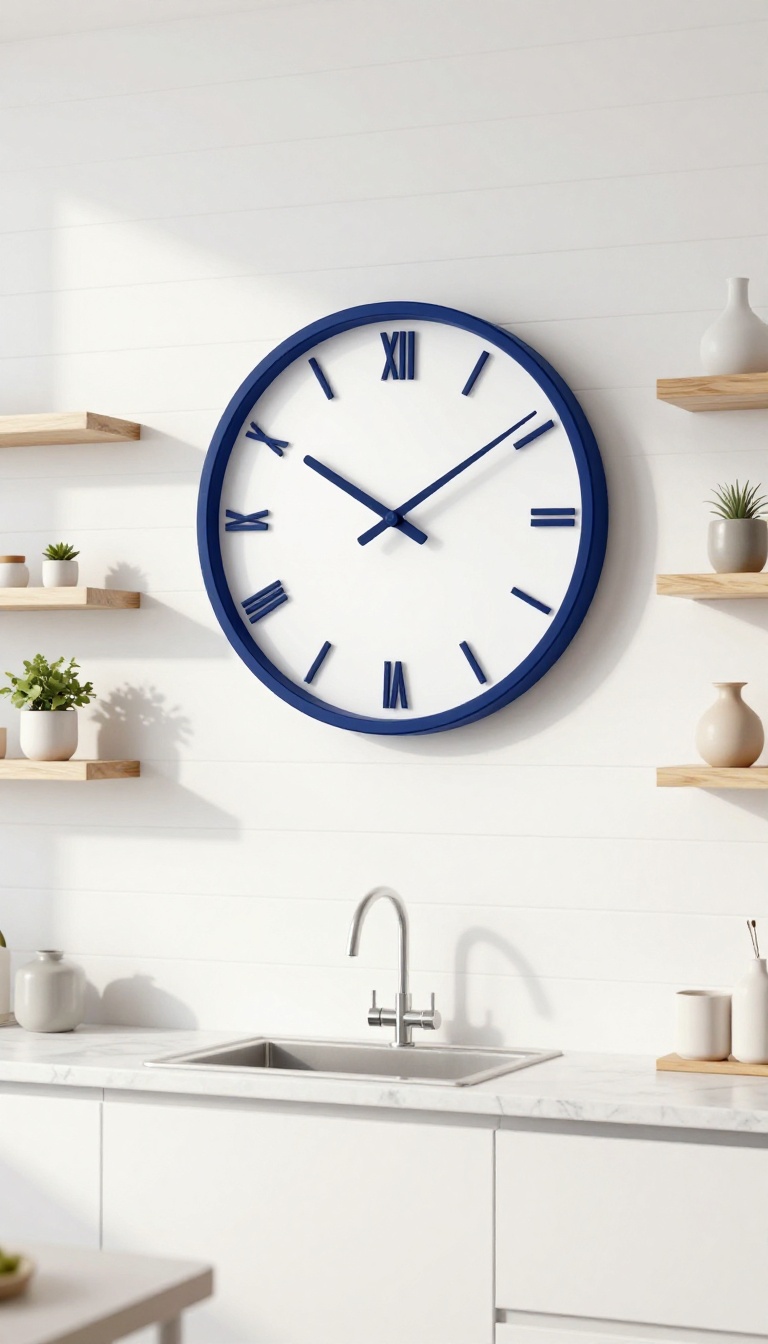 A navy blue wall clock as a focal point on a white kitchen wall, surrounded by simple decor, in a bright, modern kitchen.