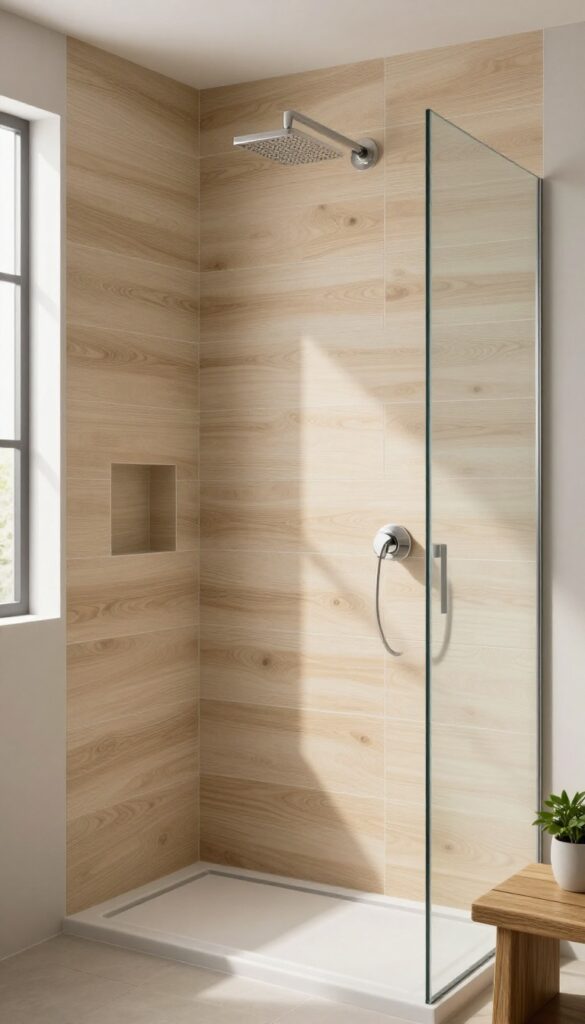 Modern bathroom shower with large wood-look porcelain tiles in a horizontal pattern, minimal grout lines, and bright natural light