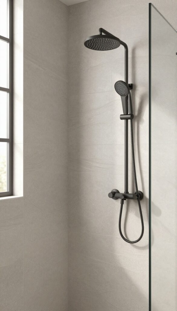 Large-format textured 3D tiles in a modern shower, with soft light and shadow emphasizing the gentle wave pattern.