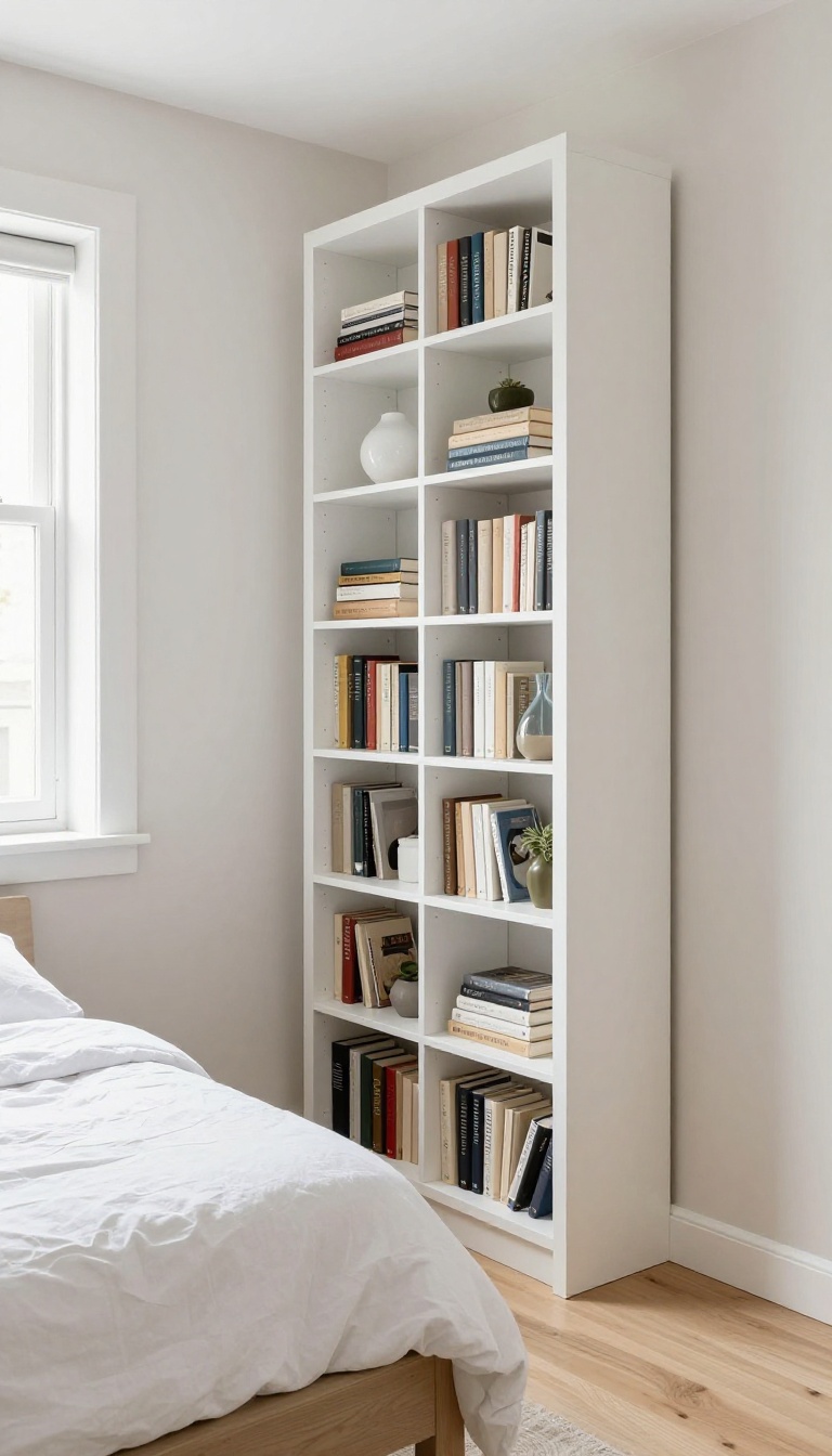 Small guest room with a tall narrow bookshelf and bright natural light, showcasing vertical storage