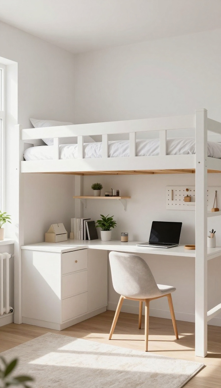 A small home office guest room with a loft bed and a workspace below, showcasing a compact and organized layout.