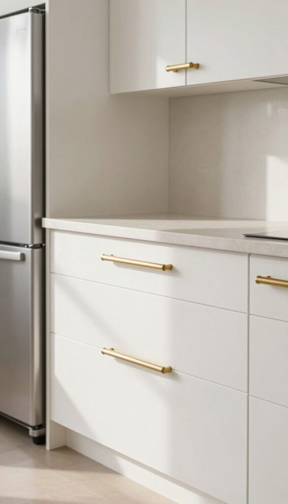 Modern kitchen with white shaker cabinets and brushed brass bar pulls
