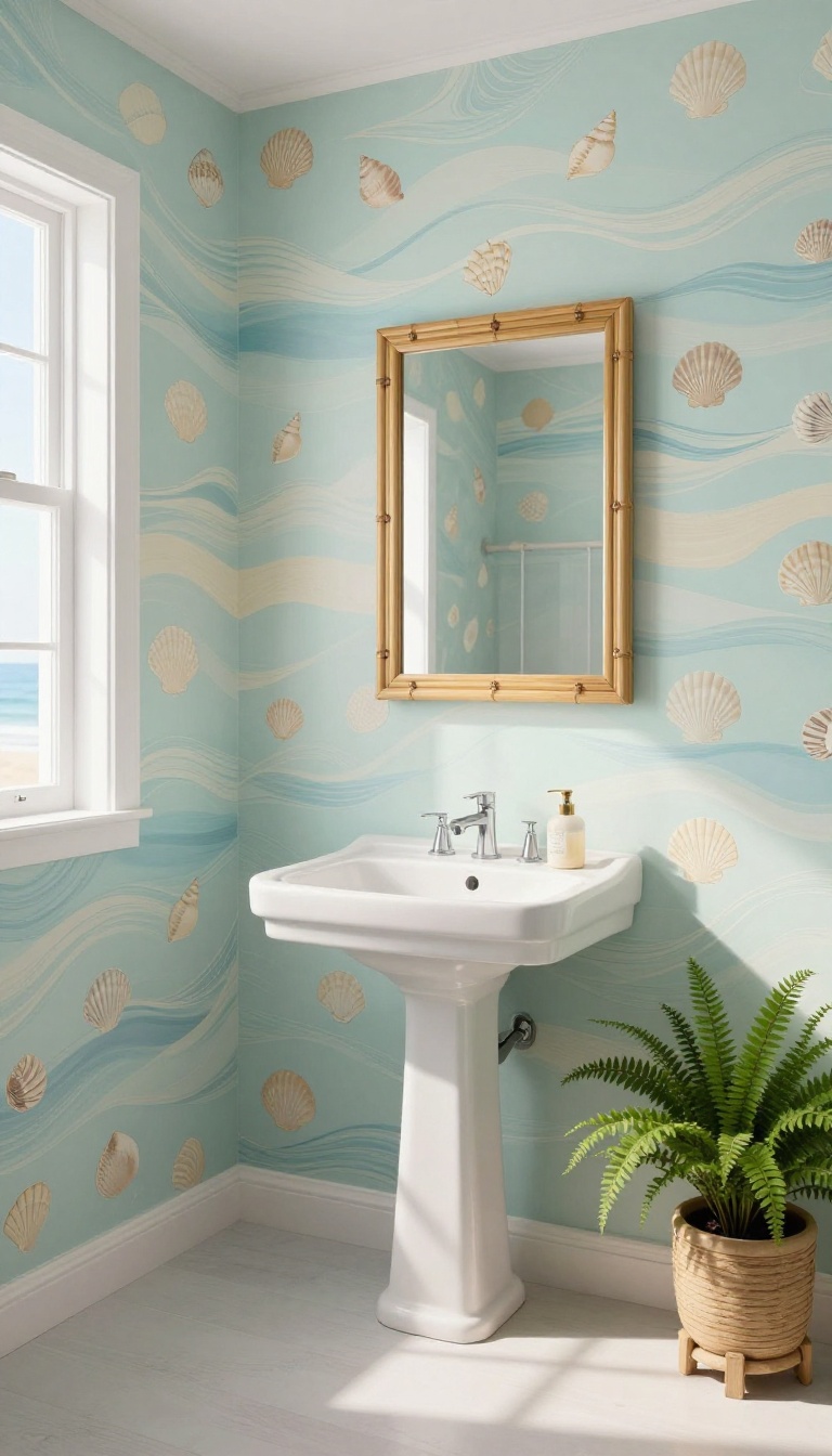 A guest bathroom with coastal wallpaper, white fixtures, and natural wood accents, bathed in soft natural light.
