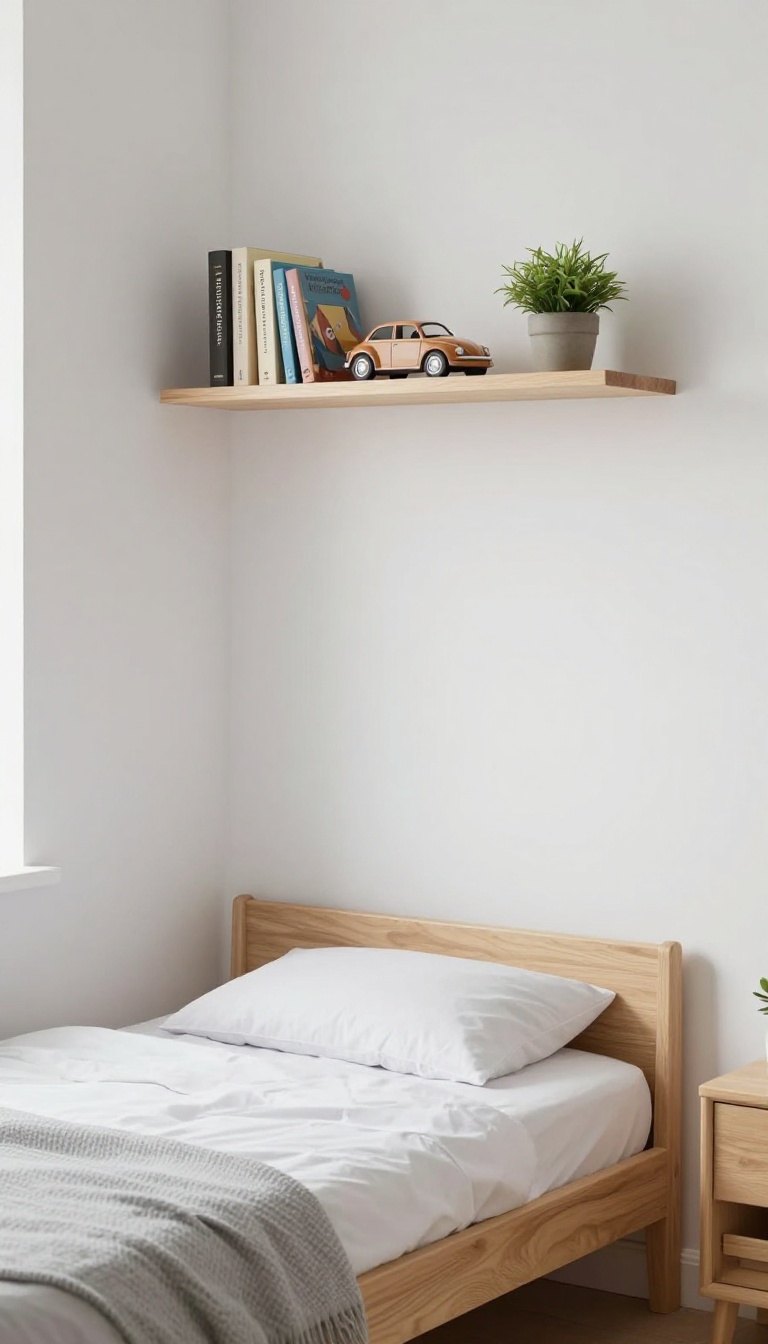 Boy's bedroom with wall-mounted shelves displaying books and toys, keeping the floor clear