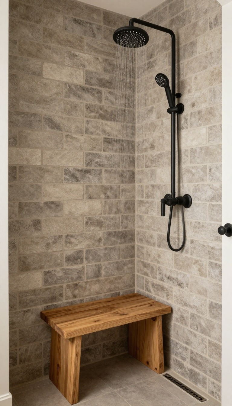Grey brick-lay tiles in a rustic shower with a wooden bench and matte black fixtures
