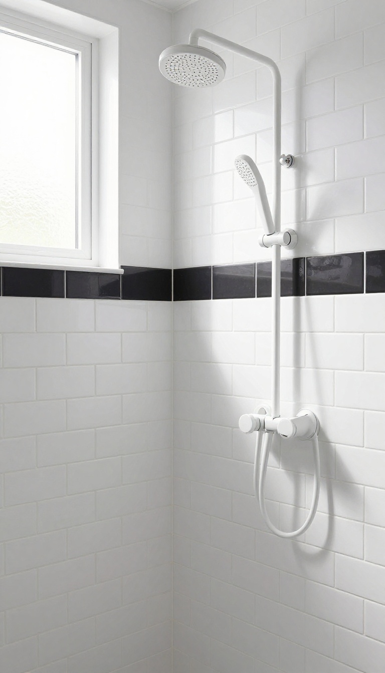 White shower with a black and white checkerboard accent stripe at eye level