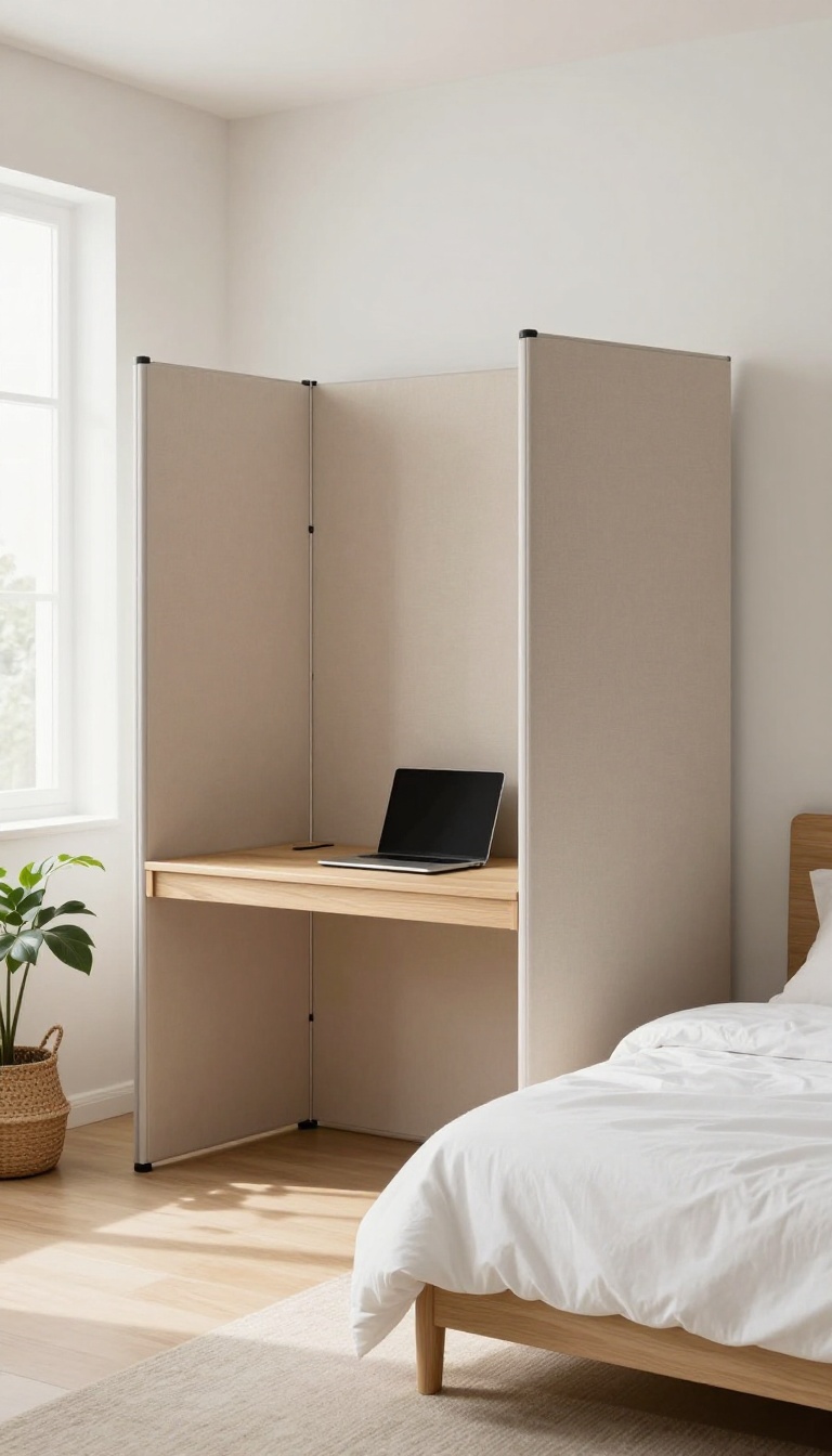 A small home office and guest room separated by a freestanding fabric room divider, with a desk on one side and a bed on the other, in bright natural light.
