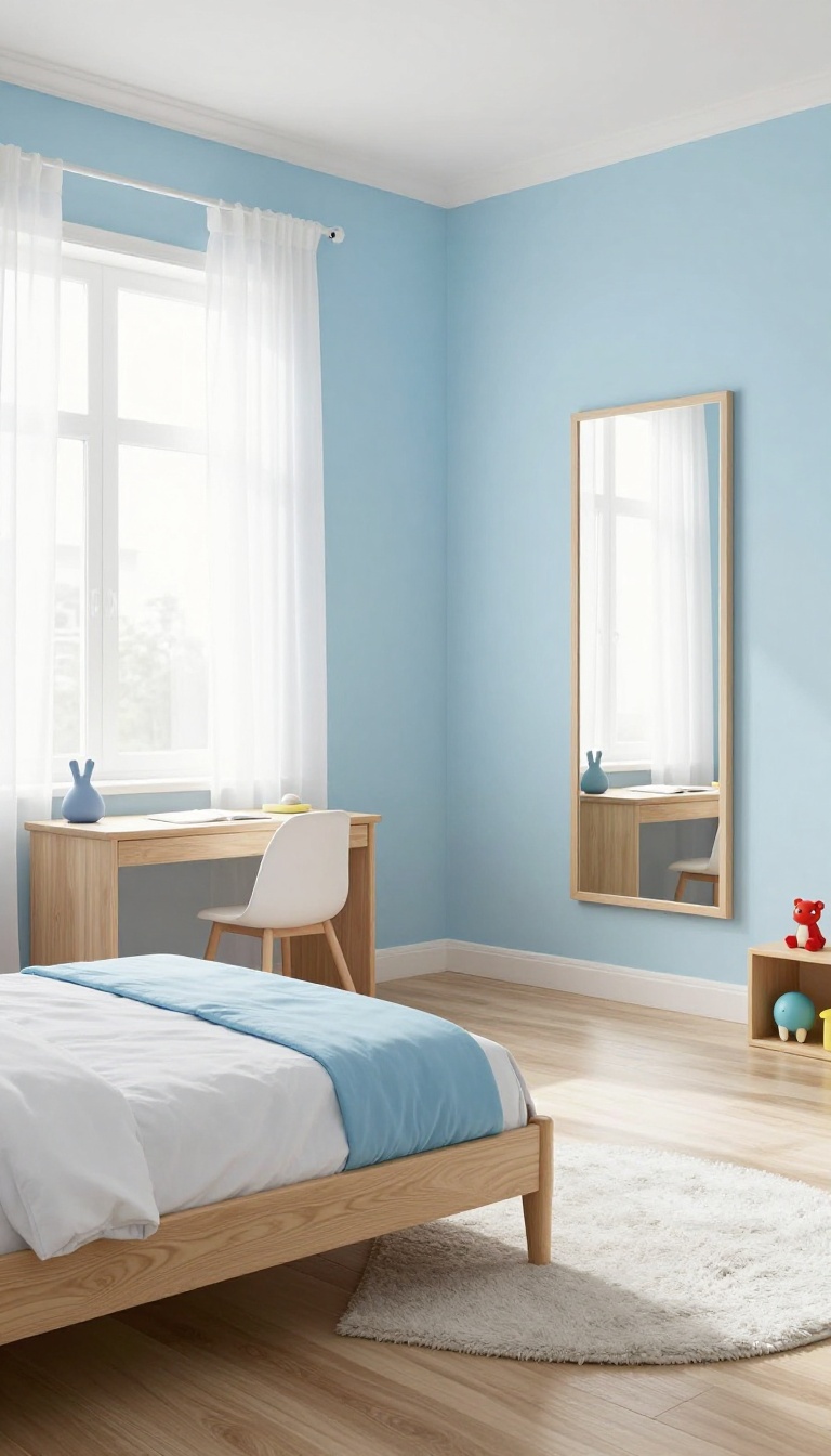 Bright boys bedroom with light blue walls, white bedding, and a mirror to make the small space feel larger