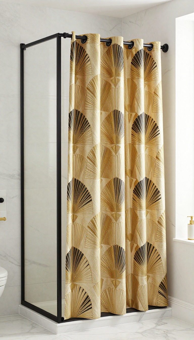 Art Deco fan pattern shower curtain in a luxurious bathroom with dark fixtures and marble accents