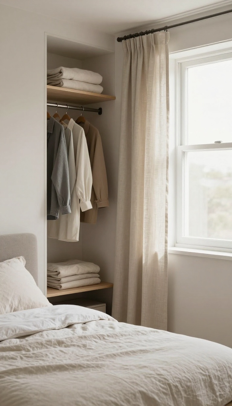 Small couple's bedroom with a curtained closet area, light linen curtains, organized clothing, bright natural light