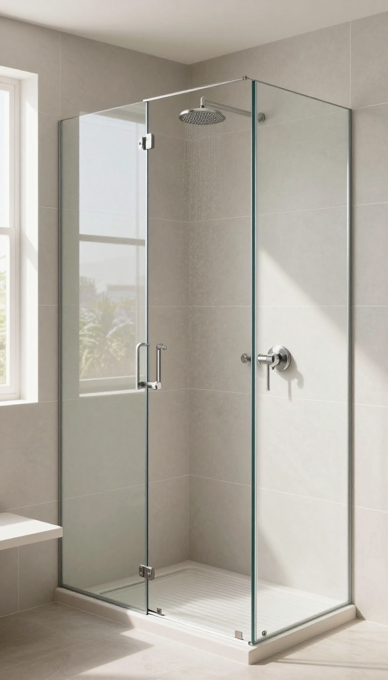 Walk-in shower with large gray porcelain tiles and minimal grout lines, creating a seamless and open look.