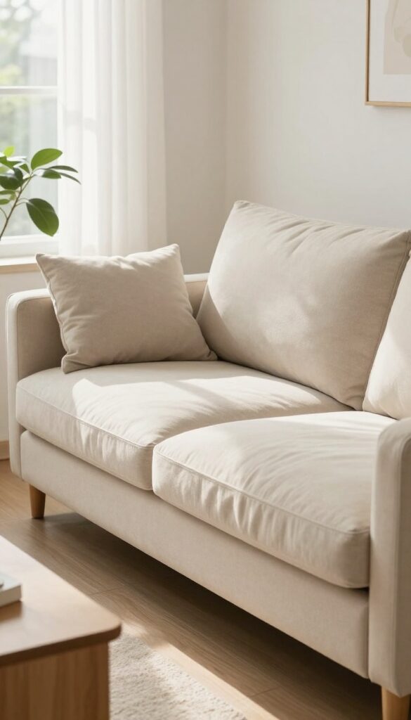 Person fluffing and rotating a couch cushion in a bright living room
