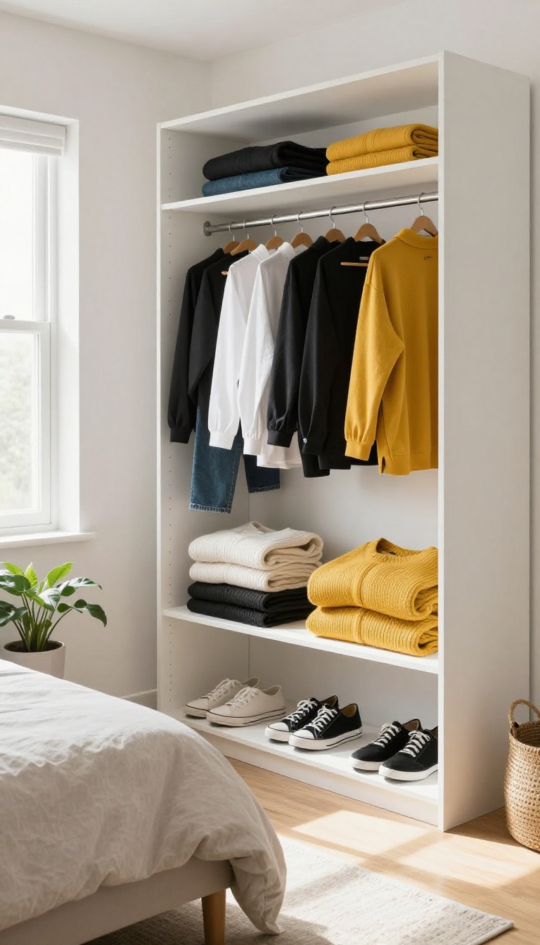 Minimalist capsule wardrobe in a small bright bedroom, organized by color palette