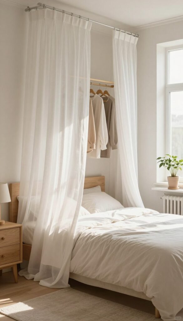 Small bedroom with sliding curtains covering a closet, bright and airy with natural light.