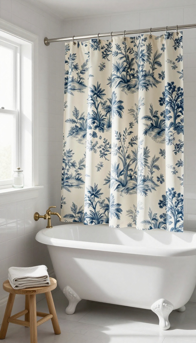 A bright bathroom with a navy blue toile shower curtain, white subway tiles, and a clawfoot tub, styled with minimal natural accessories.