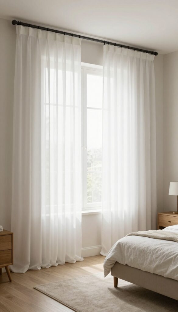 Small bedroom with high, wide curtain rod and floor-length sheer curtains, creating an illusion of taller ceilings and a more spacious feel.