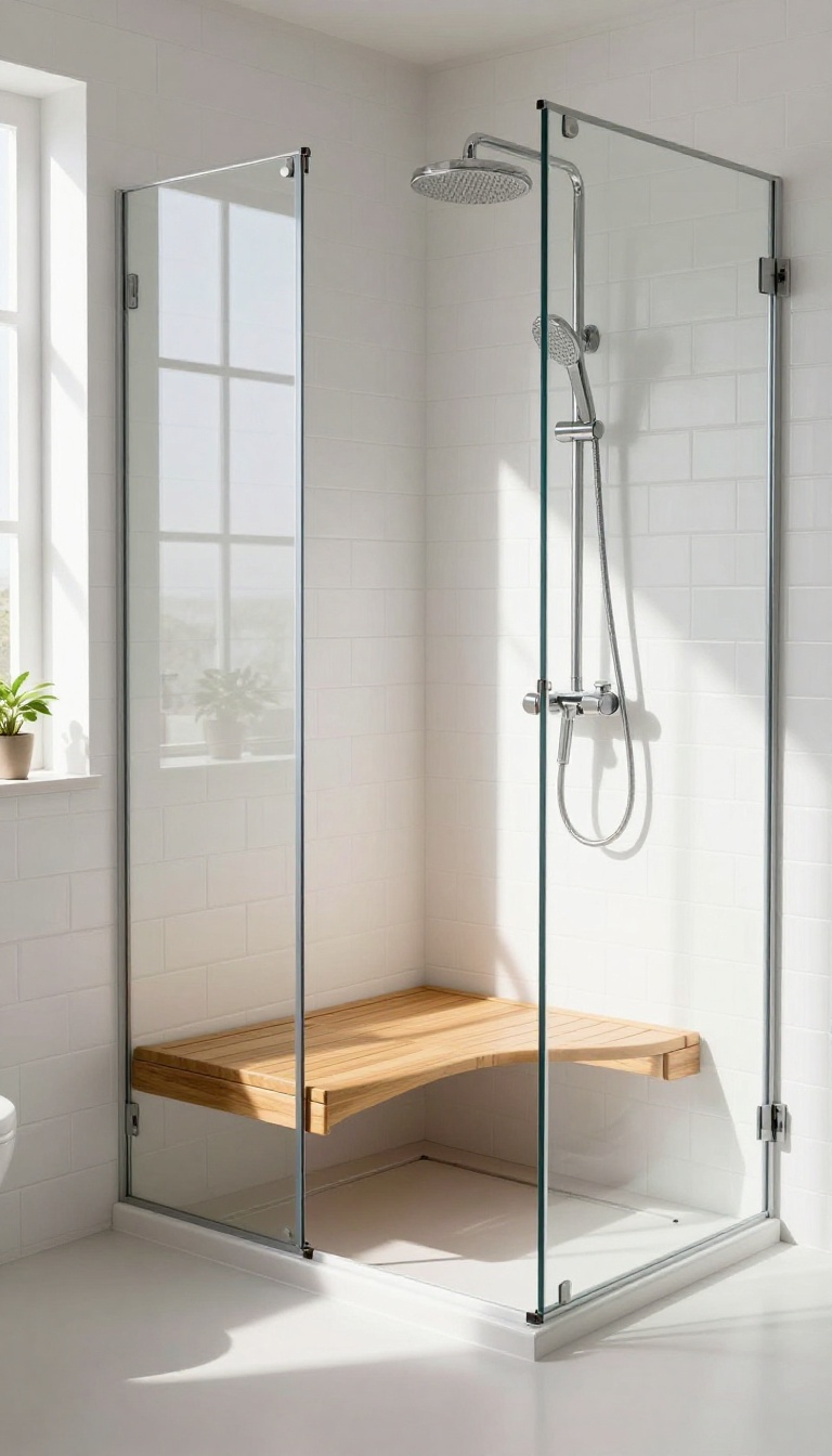 Fold-down shower seat in a bright, modern bathroom