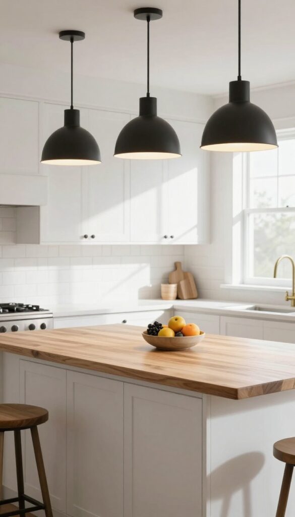 Modern farmhouse kitchen island with three classic black dome pendant lights hanging above