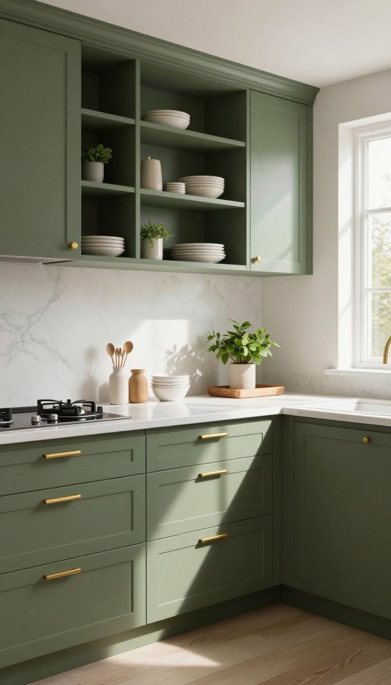 Olive green kitchen cabinets with brass hardware, white countertops, and open shelving in a bright, cozy kitchen