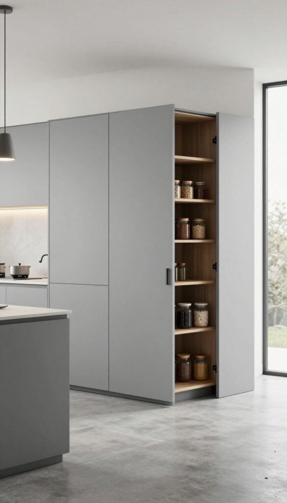 Modern kitchen with a hidden door integrated into the wall, blending seamlessly with the painted surface and no visible hardware.