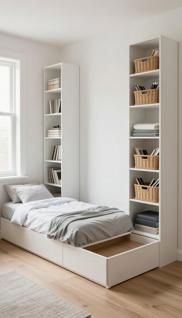 Small home office guest room with a twin bed with built-in drawers and tall vertical storage shelves, neatly organized and bright.