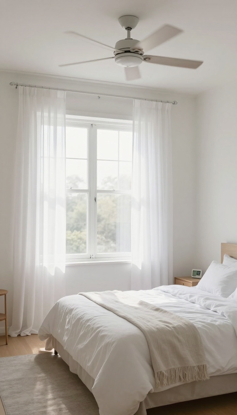Bright and airy guest bedroom with open window, ceiling fan, and light bedding, evoking a cool and fresh atmosphere.