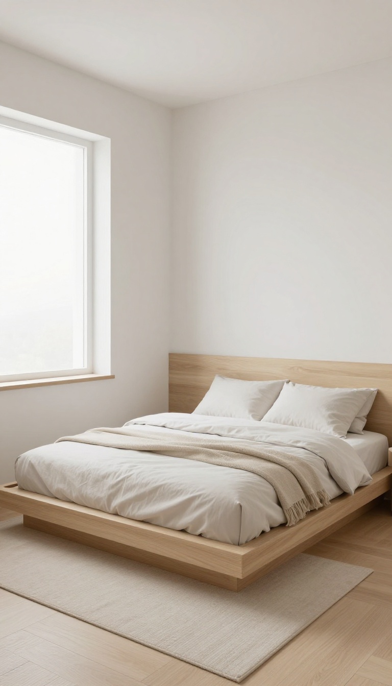 Small bedroom with a low-profile platform bed, minimalist decor, and natural light.