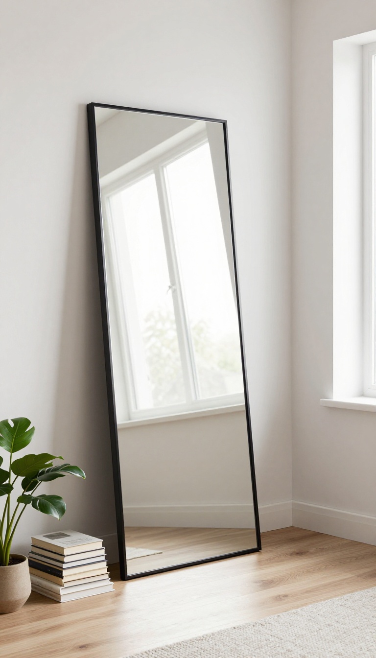 Small bedroom with a full-length mirror reflecting light to make the space feel larger