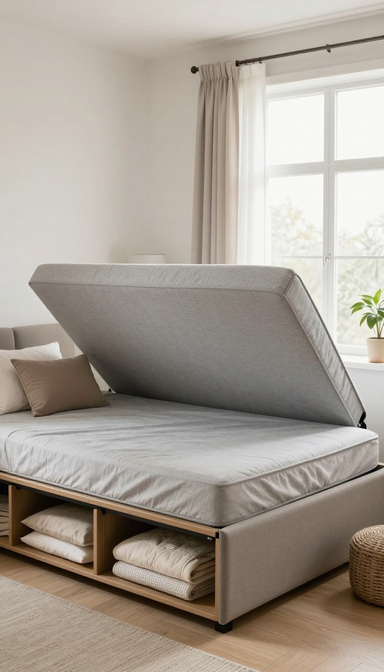 Sofa bed with pop-up mattress in a bright, cozy guest room, showing the raised mattress and storage space underneath.