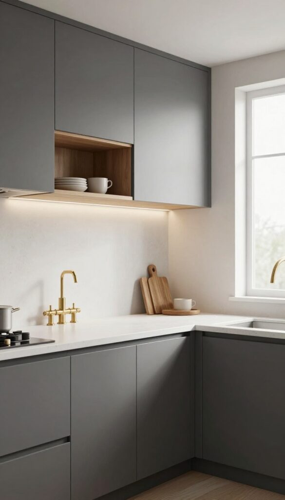 Charcoal gray kitchen cabinets with brass hardware and warm wood accents in bright natural light