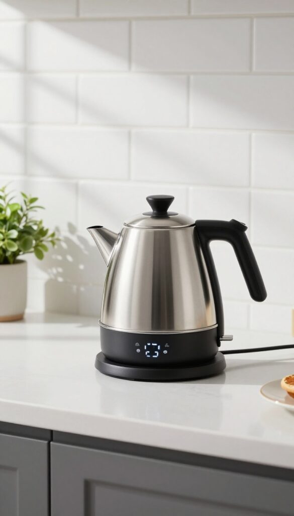 Smart kettle with temperature control and gooseneck spout on a bright kitchen countertop