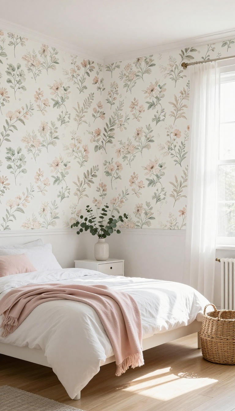 Small bedroom with floral peel-and-stick wallpaper accent wall behind a bed with white linens and eucalyptus vase
